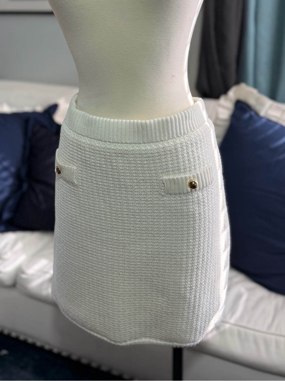 French Connection Cream Knit Mini Skirt with Gold Buttons